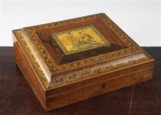 An early 19th century Tunbridgeware penwork writing slope, 12in.